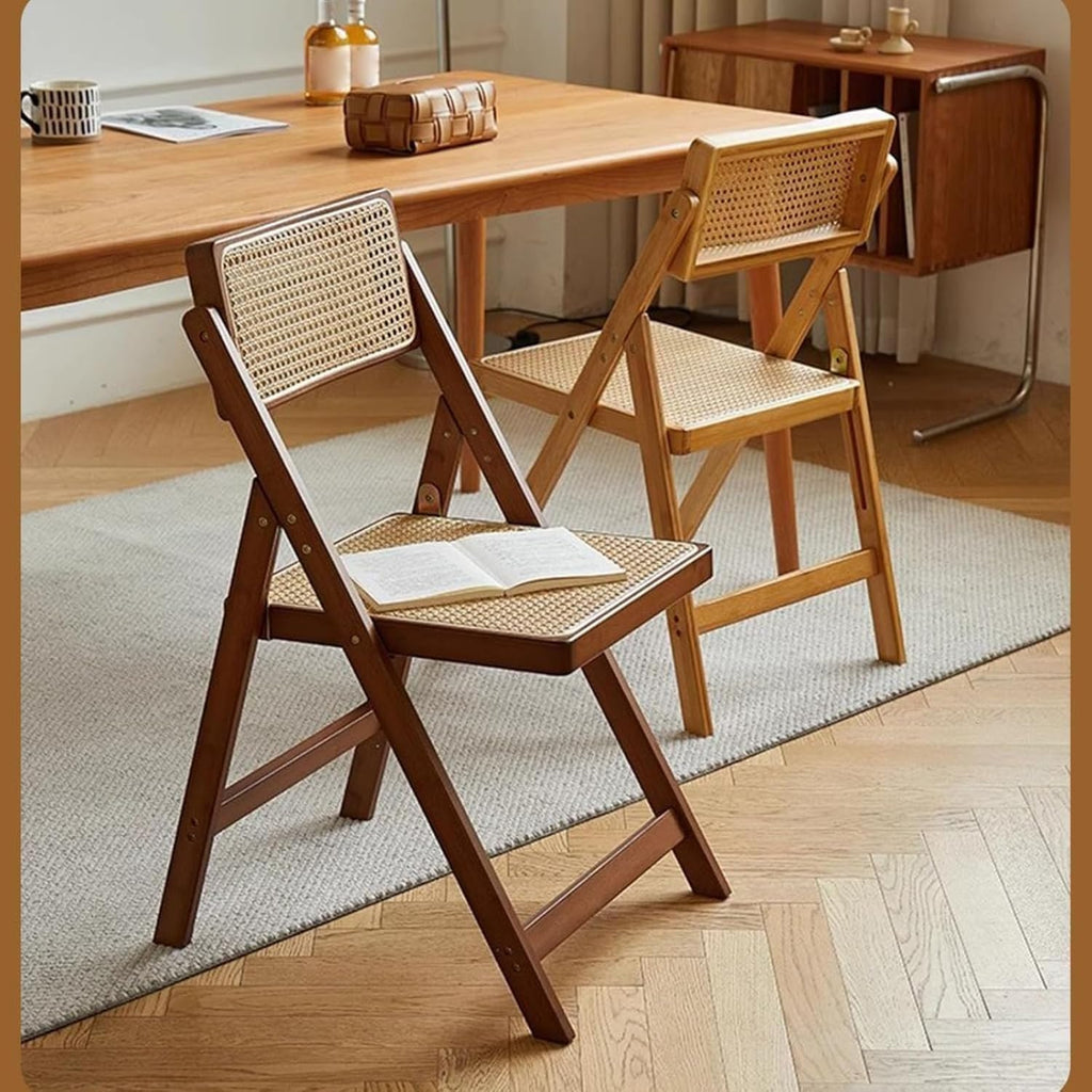 Mid Century Vintage Rattan Folding Chair with Adjustable Back Stackable Wood Chair for Bedroom Living Room Dining Comfy Rattan Seat Leisure Chair for Reading Room(Wood)