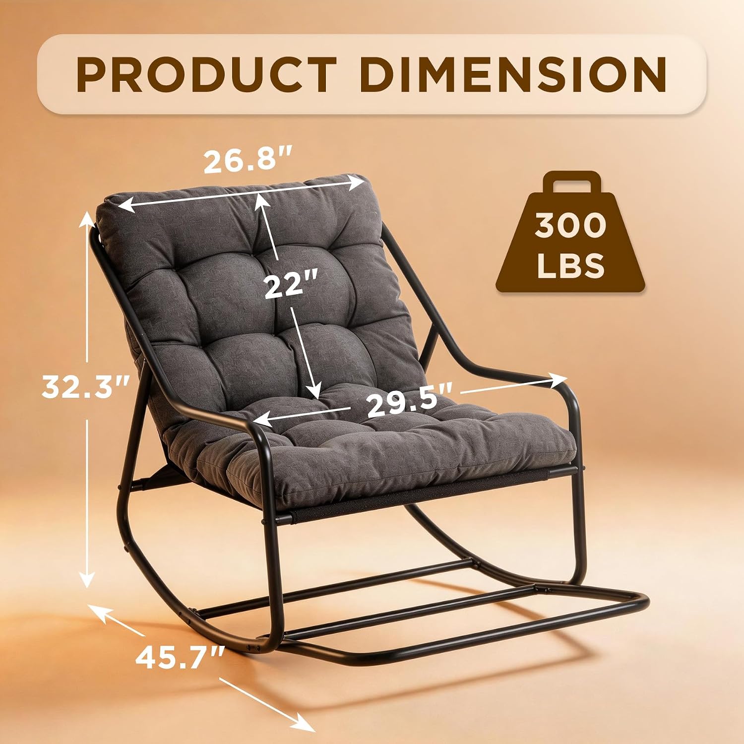 Outdoor Rocking Chair with Footrest, Adjustable Papasan Rocker Indoor Outdoor Lounge Chair, Waterproof Comfy Cushion, 300lbs Capacity, for Patio, Porch, Garden, Living Room, Gray