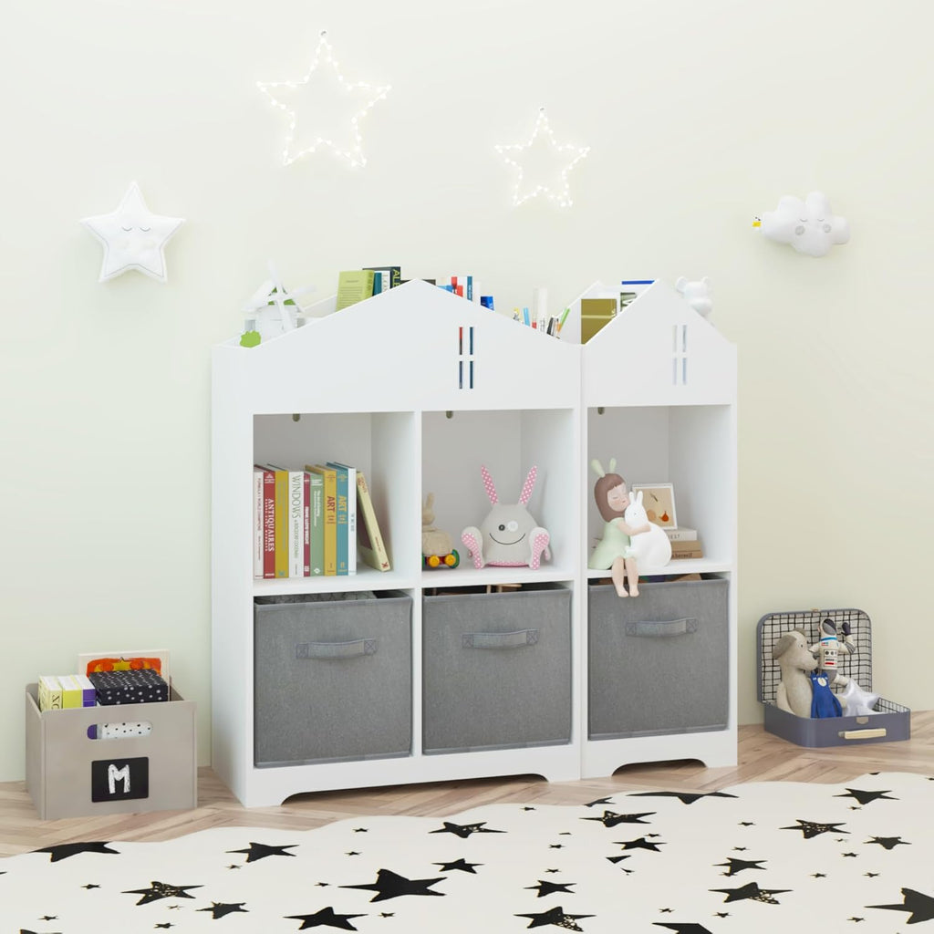 Bookcase with Storage, 2 Tier Storage Display Organizer, Toddler Bookshelf with Collapsible Fabric Drawers for Bedroom or Playroom (White,Gray)