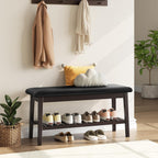 HOOBRO Dining Bench, Bamboo Dining Room Bench, 2-Tier Entryway Bench with PU Leather Upholstered Seat, Kitchen Bench for Living Room, Hallway, Entryway, Bedroom, Kitchen, Brown and Black CB70HX01