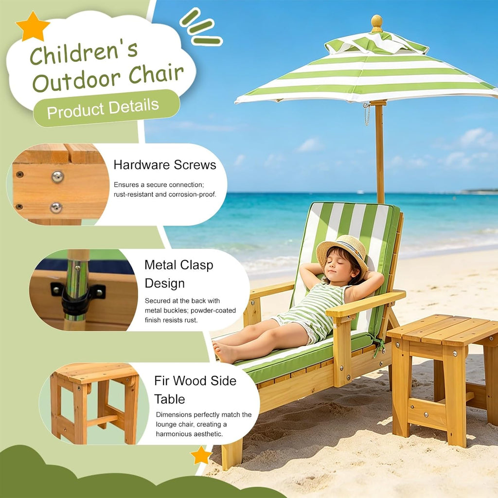 Kids Lounge Chair Outdoor, Toddler Wood Double Pool Lounger Chairs w/Canopy, Removable Stripped Fabric Cushions, Shaded Comfort for Kids Room or Patio Lounge Use(Green)