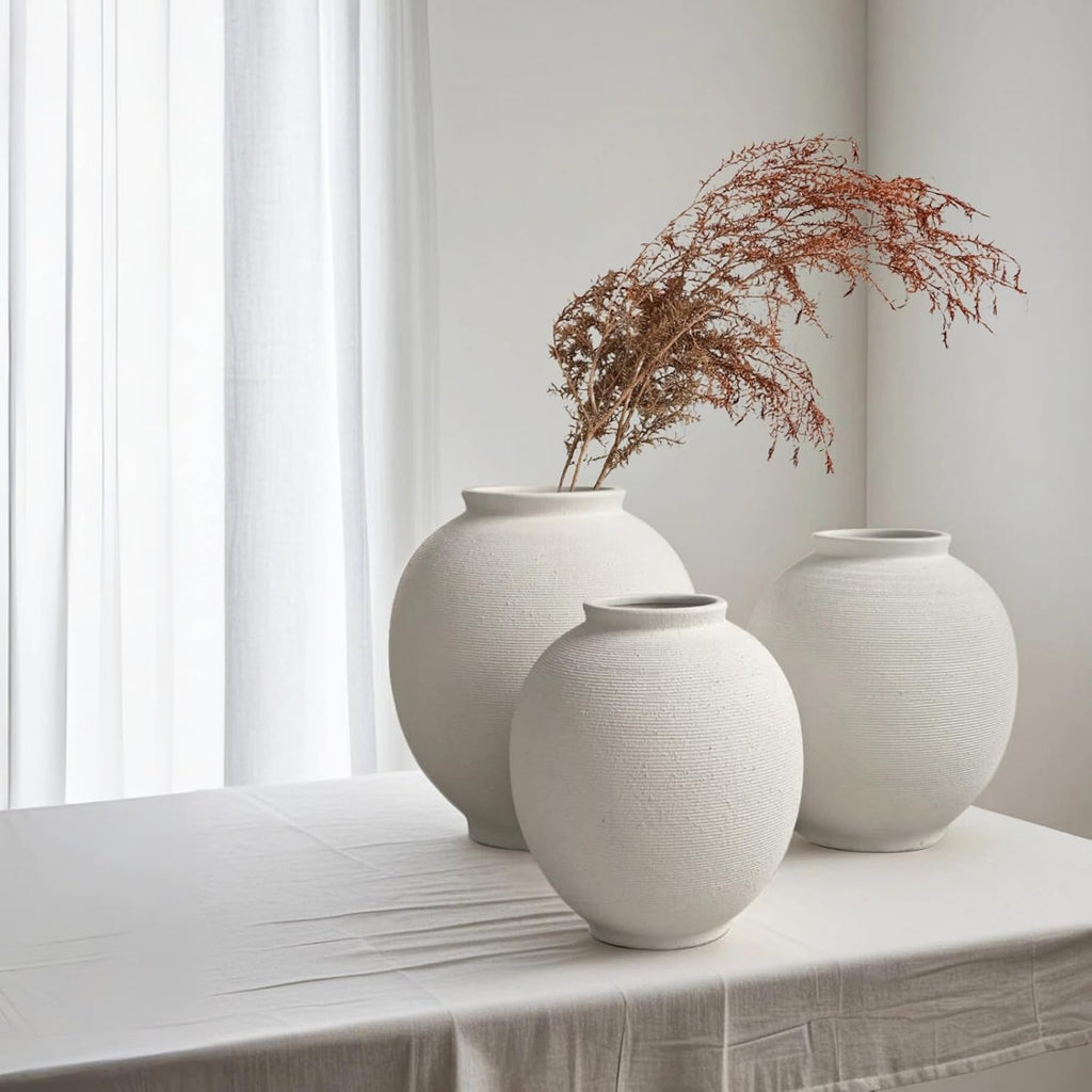 White Ceramic Vase, 9.8" Large, Round, Sandstone White | Farmhouse Style, Hand-Made Textured, Minimalist Design, Home Decor
