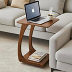 Solid Wood C-Shaped End Table with Wheels, Walnut Slide Under Sofa Side Table with Storage Shelf, Mobile Accent Table for Living Room Bedroom