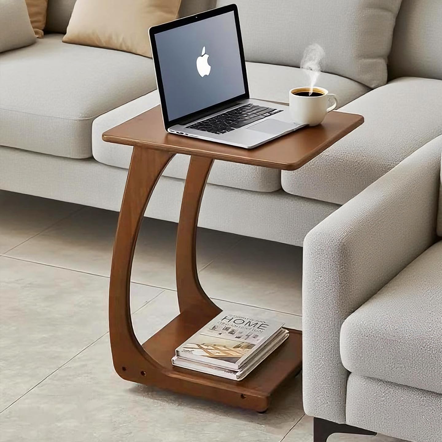 Solid Wood C-Shaped End Table with Wheels, Walnut Slide Under Sofa Side Table with Storage Shelf, Mobile Accent Table for Living Room Bedroom