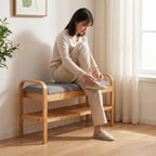 Fenteer Children Footstool Upholstered Bench with Storage and Slatted Shoe Shelf Bamboo Construction with Straight Legs Compact Design for Small Suitable for Hallway Dorm condo Kids Room