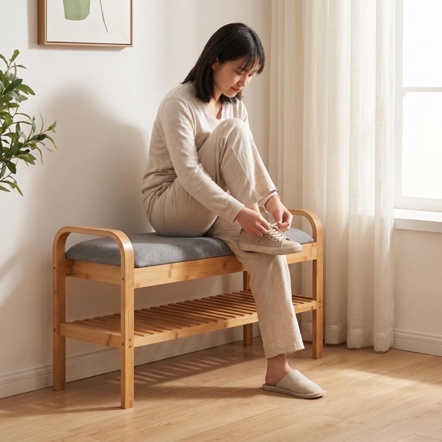 Fenteer Children Footstool Upholstered Bench with Storage and Slatted Shoe Shelf Bamboo Construction with Straight Legs Compact Design for Small Suitable for Hallway Dorm condo Kids Room