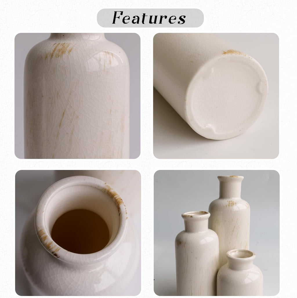 Pampas Grass with Vase Set – 3 Beige White Ceramic Vases with Natural Dried Pampas, Bunny Tails & More – Neutral Farmhouse Decor for Fireplace, Home, Mantel, Entryway, Kitchen & Boho Table Centerpiece