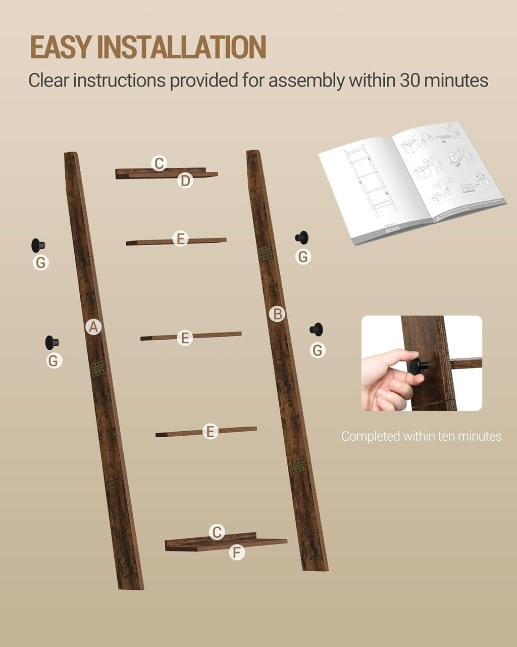 Hzuaneri Blanket Ladder for Living Room, Decorative Quilt Rack with 4 Removable Hooks, 5-Tier Blanket Ladder Shelf for Bedroom,Rustic Brown BR30501X