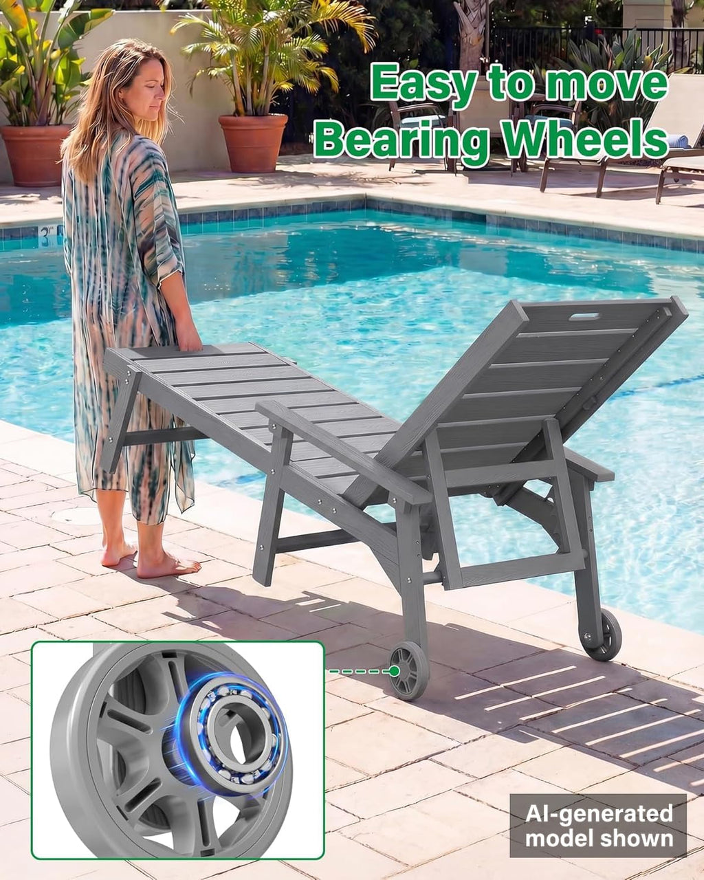 YEFU Lounge Chair Outdoor Set of 2: Outdoor Chaise Lounge with 5-Level Adjustable Backrest, Cup Holders & Wheels, All-Weather Resistance Chaise Lounge for Outside/Patio/Beach/Deck, Grey