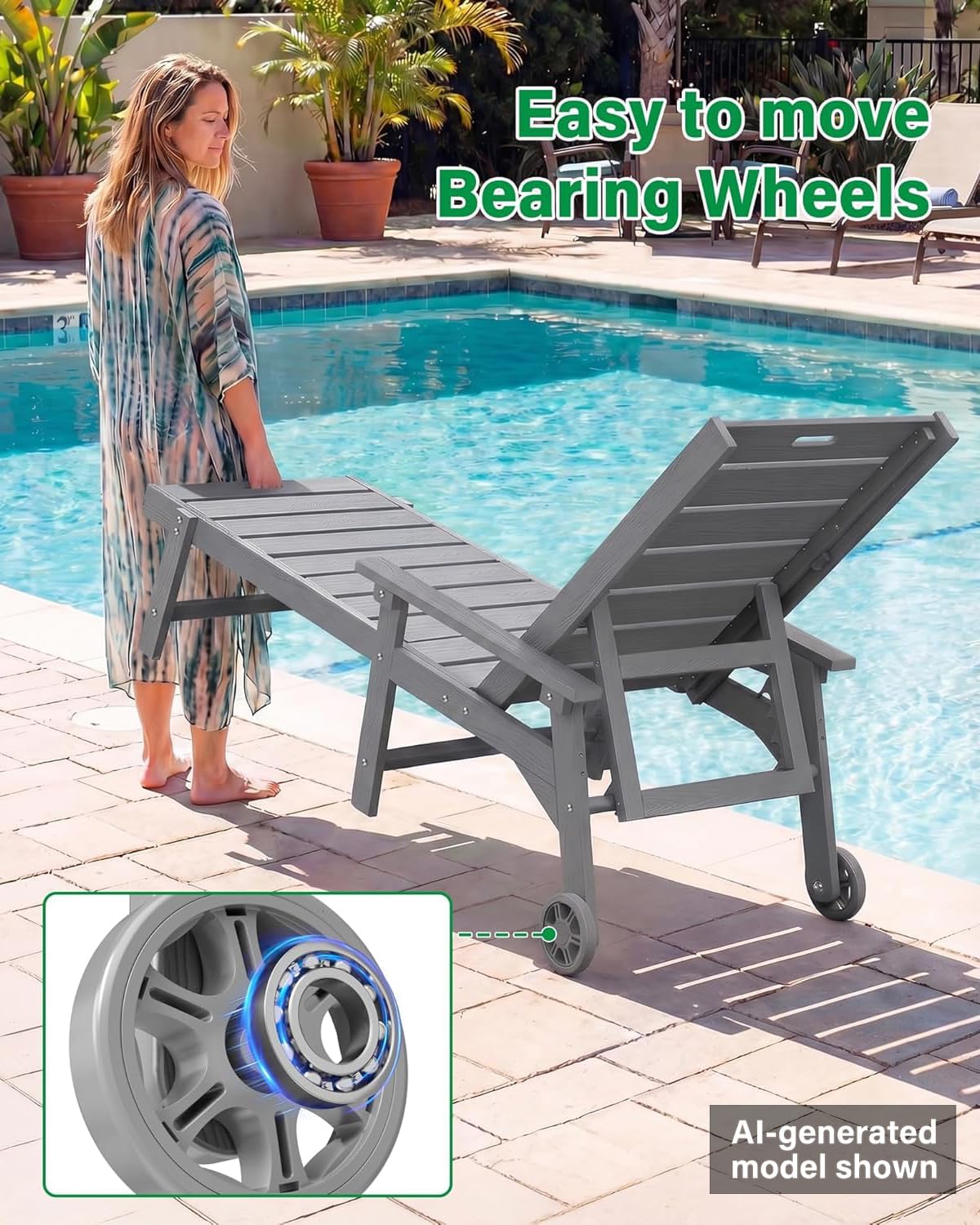 YEFU Lounge Chair Outdoor Set of 2: Outdoor Chaise Lounge with 5-Level Adjustable Backrest, Cup Holders & Wheels, All-Weather Resistance Chaise Lounge for Outside/Patio/Beach/Deck, Grey