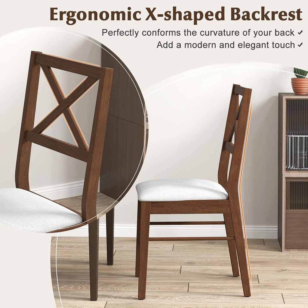 POWERSTONE Dining Chairs Set of 2, Wooden Kitchen Chairs with Soft Fabric Seat for Dining, Living Room, Restaurant - Mid Century Farmhouse Dining Chairs(Brown & White)