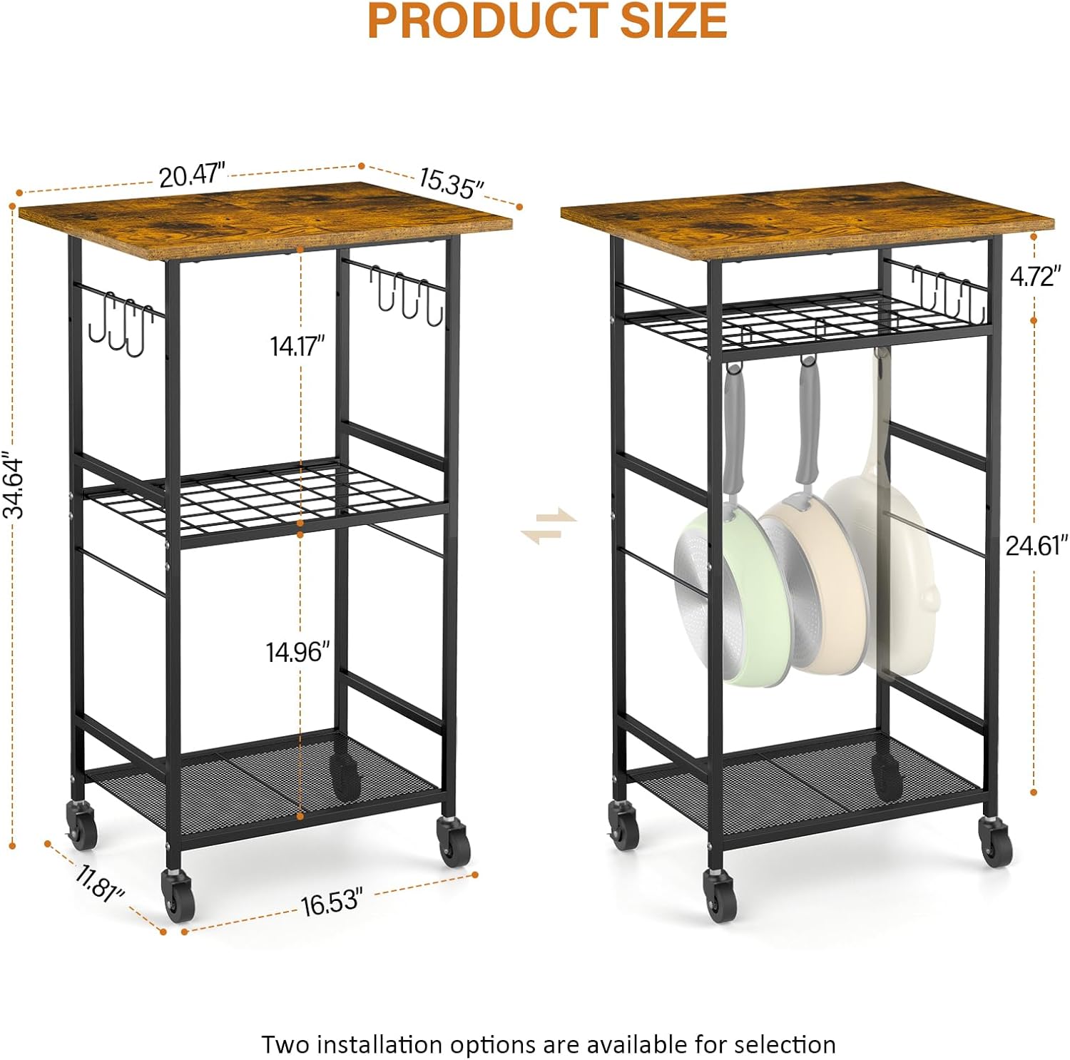 ThreeHio Rolling Kitchen Microwave Cart, 3 Tier Microwave Table Stand with Adjustable Shelf, Kitchen Storage Rack on Wheels, Coffee Station Cart Rack Shelf Organizer for Living Room Office, Balcony