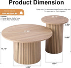 Round Nesting Coffee Tables Set of 2 -φ27.6 Large Short + φ15.8 Small Tall Boho Circle Side Tables with Fluted Drum Design, Natural
