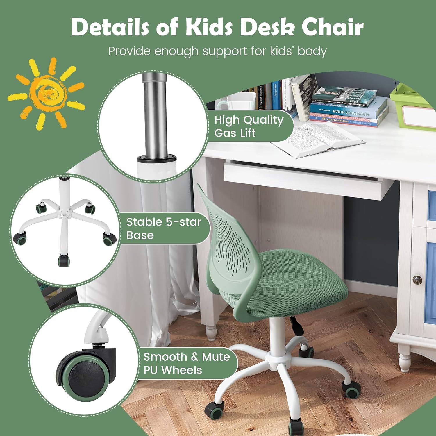 DORTALA Desk Chair for Teen, Kids Armless Swivel Small Cute Low-Back Mesh Office Chair Comfy with Adjustable Height, Lumbar Support, Ergonomic Computer Study Chair in Home Bedroom School (Sage Green)