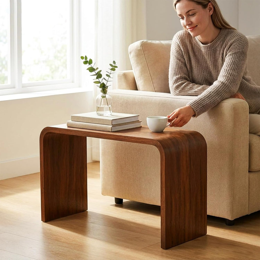 C Shaped End Table, Wooden Sofa Side Table for Couch, Small Nightstand for Living Room Bedroom Narrow Spaces Office