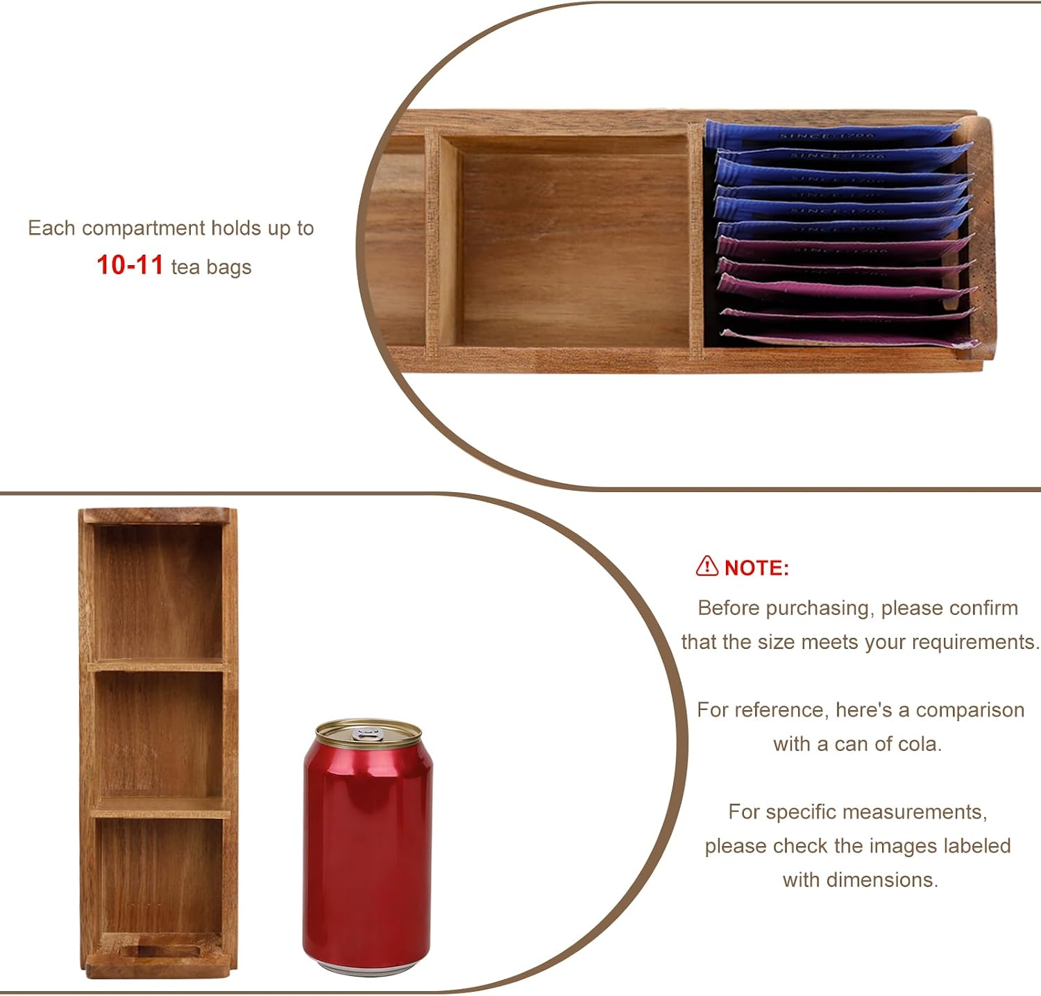 HTB Acacia Wood Small Tea Bag Box with 3 Compartments for Counter Drawer | Tea Bag Chest with Handle, Mini Countertop Divided Storage Container for Beverage Supplies, Sugar, Sweeteners
