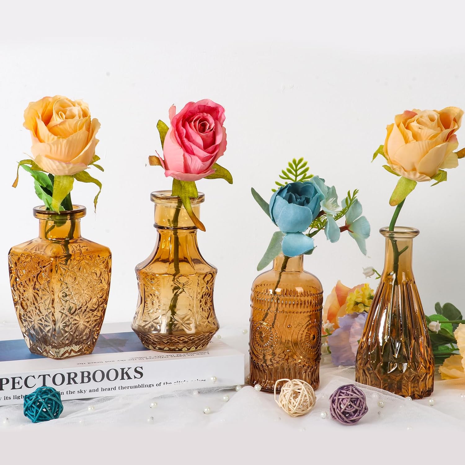 Glass Bud Vases Set of 12 - Small Amber Flower Vase for Wedding Centerpieces, Home Decor, Party Decorations