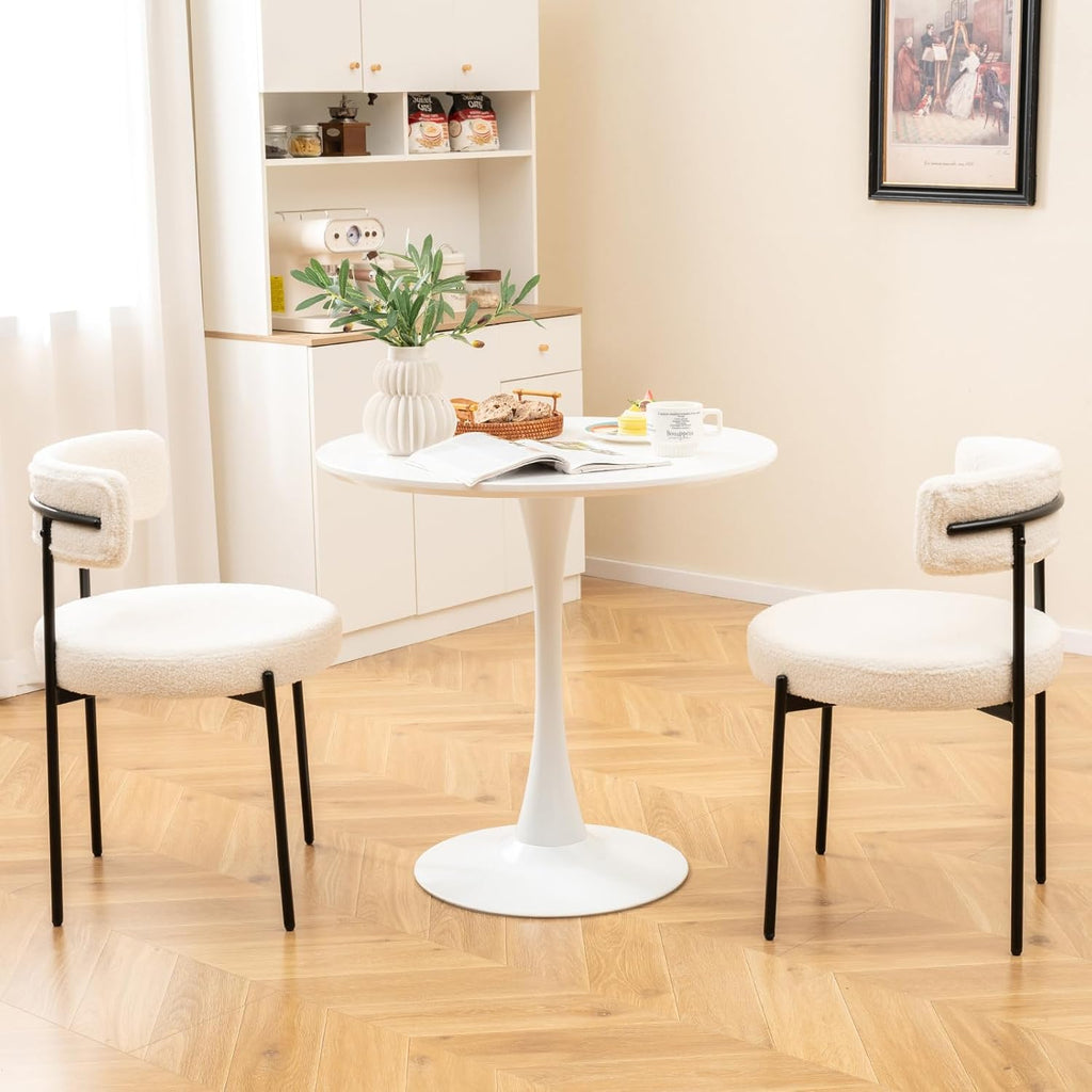 Giantex Sherpa Dining Chairs Set of 4, Upholstered Round Kitchen Chairs with Curved Backrest & Metal Legs, Modern Armless Side Chairs, White Boucle Accent Chairs for Dining Room, Living Room