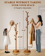 STARSAGA Solid Wood Coat Rack Freestanding Coat Tree with 8 Hooks | Adjustable Height Heavy Duty Coat Rack with Rounded Hooks & Dual-Layer Base, Holds Coats Hats Bags for Entryway, Bedroom