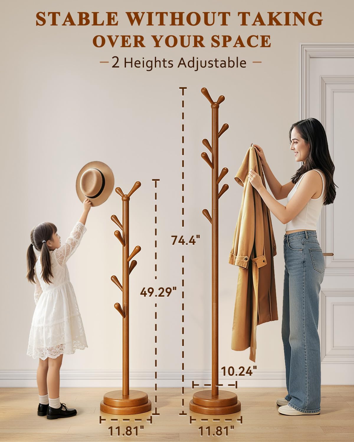 STARSAGA Solid Wood Coat Rack Freestanding Coat Tree with 8 Hooks | Adjustable Height Heavy Duty Coat Rack with Rounded Hooks & Dual-Layer Base, Holds Coats Hats Bags for Entryway, Bedroom
