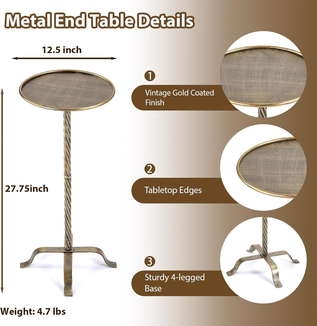 Metal Martini Table, Modern Antique Gold Side Table with 4 Legs, 27.75" Small Round Drink Table for Small Spaces Living Room Sofa Couch Patio