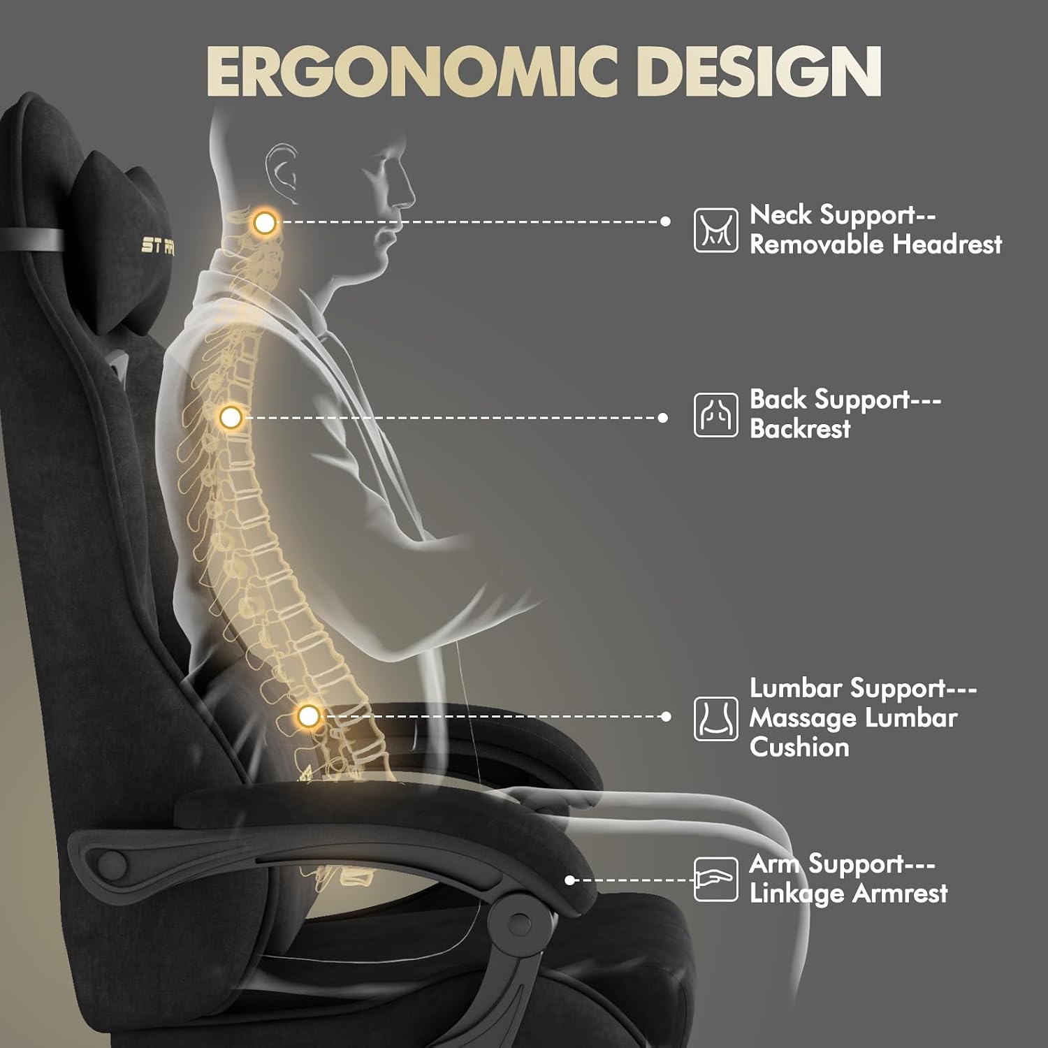 Gaming Chair with Footrest Massage Lumbar Cushion, Velvet Fabric Ergonomic Computer Office Chair, High Back Adjustable Recliner for Adults, Racing Style Video Gaming Chairs, for Home Streaming, Black