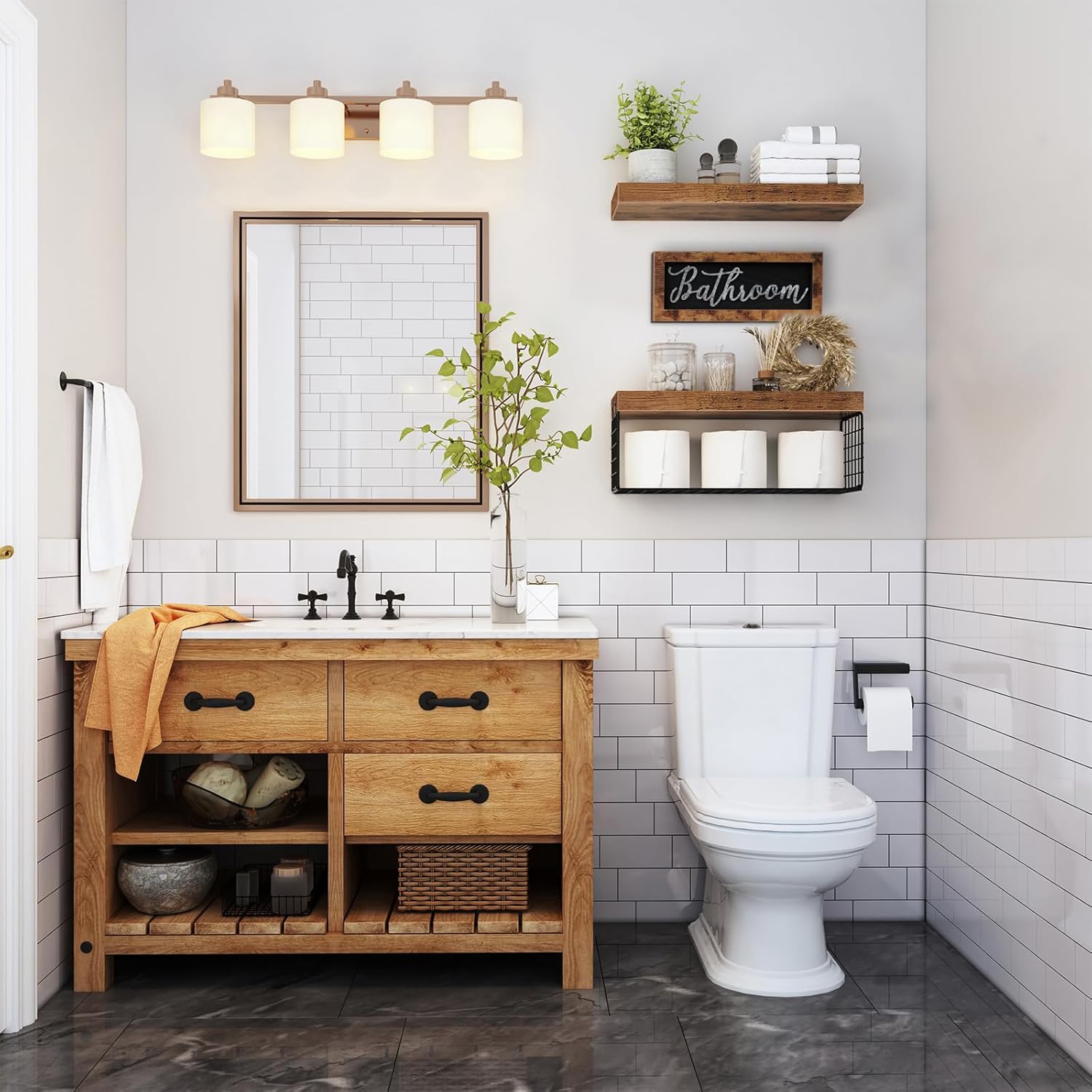 QEEIG ‎Bathroom Shelves Over Toilet - Paper Storage Wall Mounted Farmhouse Decor Decorations Aesthetic Décor Sign Small Floating Shelf 2+1 Set 16 inch, Rustic Brown (020BN)