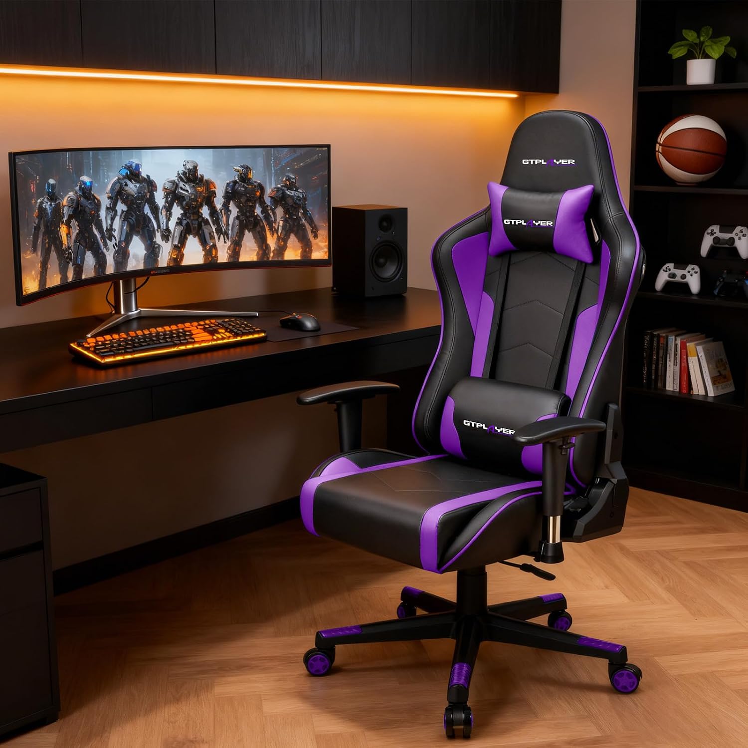 GTPLAYER Gaming Chair with Speakers,Video Game Chair Bluetooth Music with Lumbar Support, Ergonomic Comfortable Office Computer Chair for Adults, Adjustable Reclining Chair, 360° Swivel, Light Purple