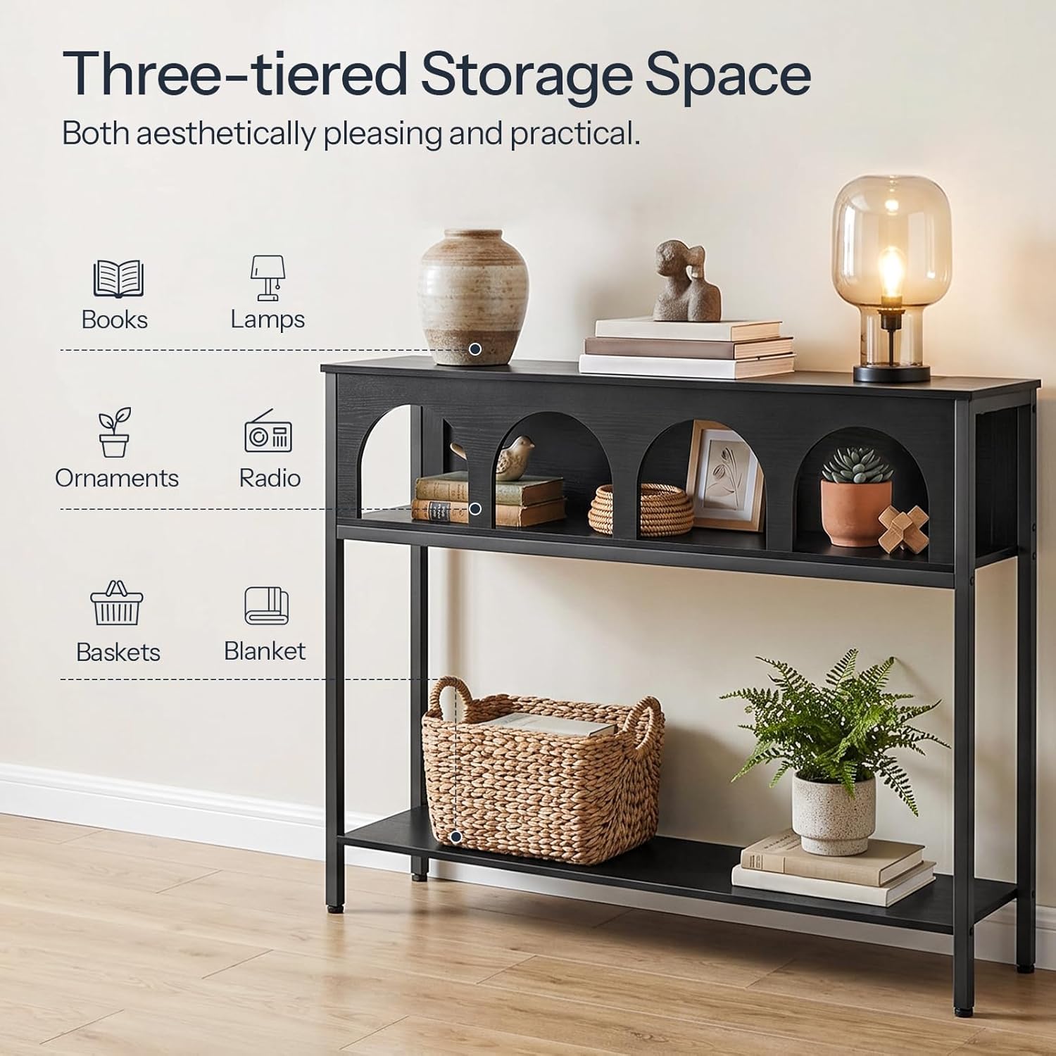HOOBRO Narrow Console Table, Entryway Table with 3-Tier Storage, Sofa Table, Behind Couch Table with Arched Design for Living Room, Entrance, Hallway, Black BB106XG01