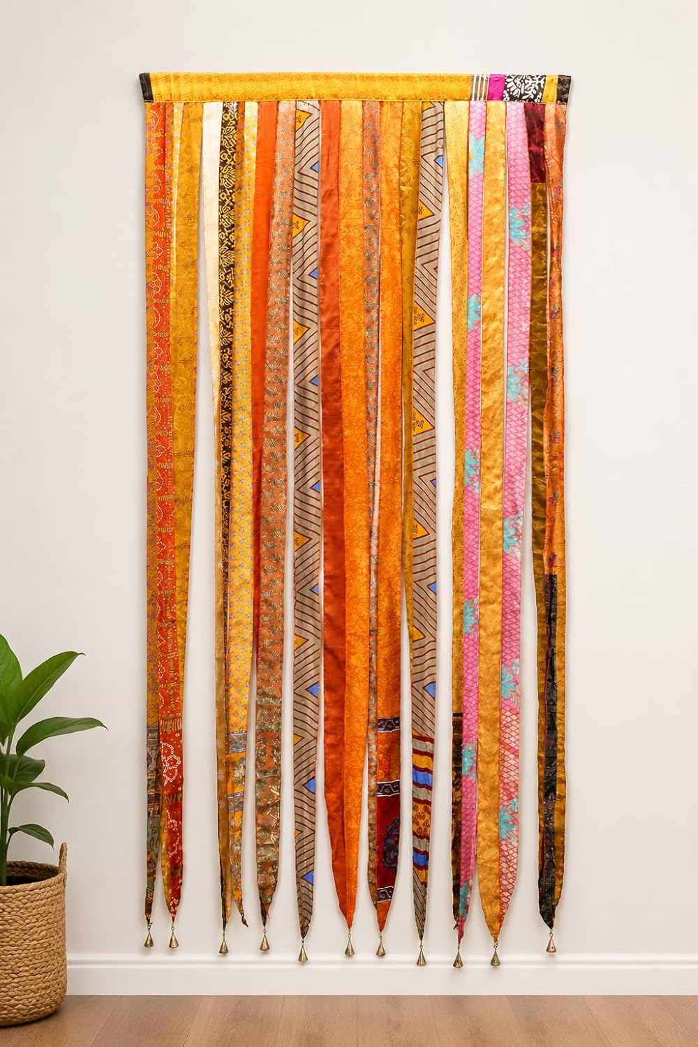 ETHINUMATIC®️ Recycled Silk Sari Ribbon Door Curtain, Bohemian Boho Room Divider, Rod Pocket, Handmade, 80x48 Inch (Yellow)