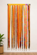 ETHINUMATIC®️ Recycled Silk Sari Ribbon Door Curtain, Bohemian Boho Room Divider, Rod Pocket, Handmade, 80x48 Inch (Yellow)