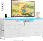 WLIVE Long Dresser for Bedroom, TV Stand for 55, 60, 65 Inch TV, 13 Drawer Wide Fabric Dresser with Wood Top, Large Storage Chest of Drawers for Living Room, Hallway, Closet, White