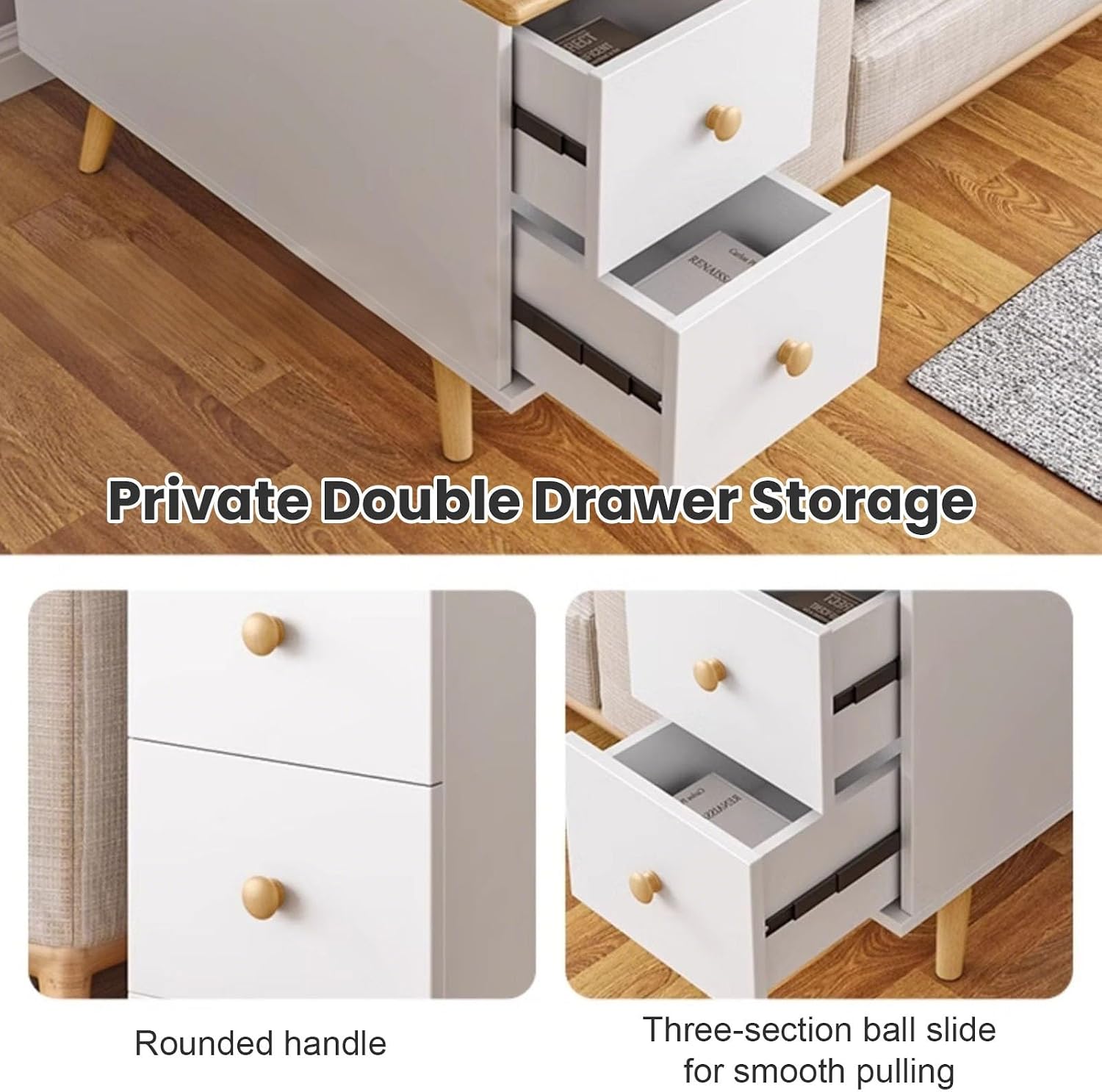 Side Table With 2 Drawers & Hidden Storage Couch Table Sturdy Nightstand With Cable Management Holes Modern Coffee Table Multi-Purpose End Table For Bedroom, Living Room, Office(Black,35.4x11.8x23.6in