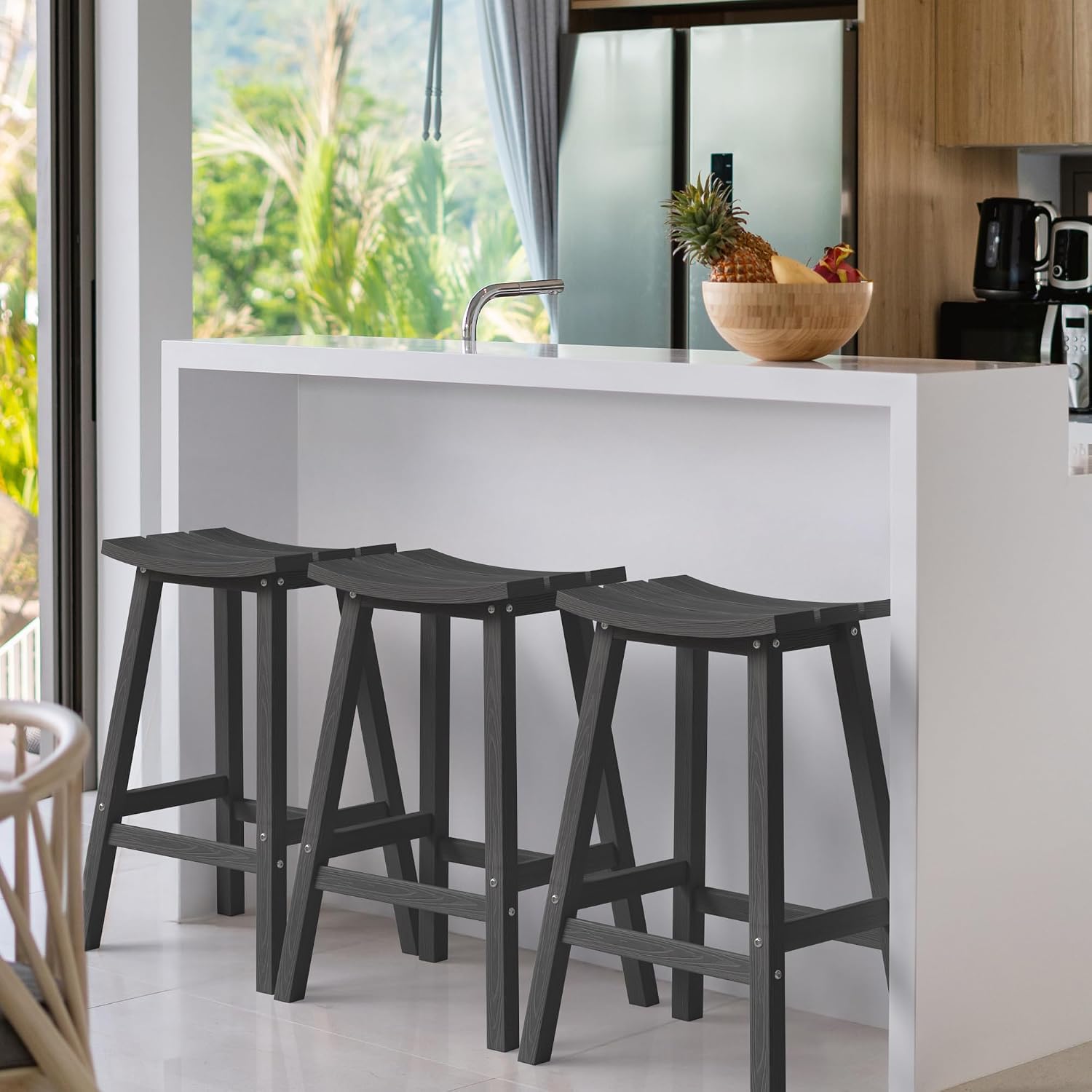 Ciokea 2 Set 29" Outdoor Bar Stools Heavy Duty HDPE Outdoor Stools Weatherproof Waterproof Patio Seats Modern Bar Height Tall BarStools for Bar Deck Balcony Kitchen Yard, Black