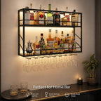 2-Tier Wall Mounted Wine Rack with LED, 31.5”W x 7.8”D x 26”H | Metal Bar Liquor Shelves and Glass Holder,Wall Bar Shelf Wine Display Storage Holder for Home Bar, Dining Room, Kitchen