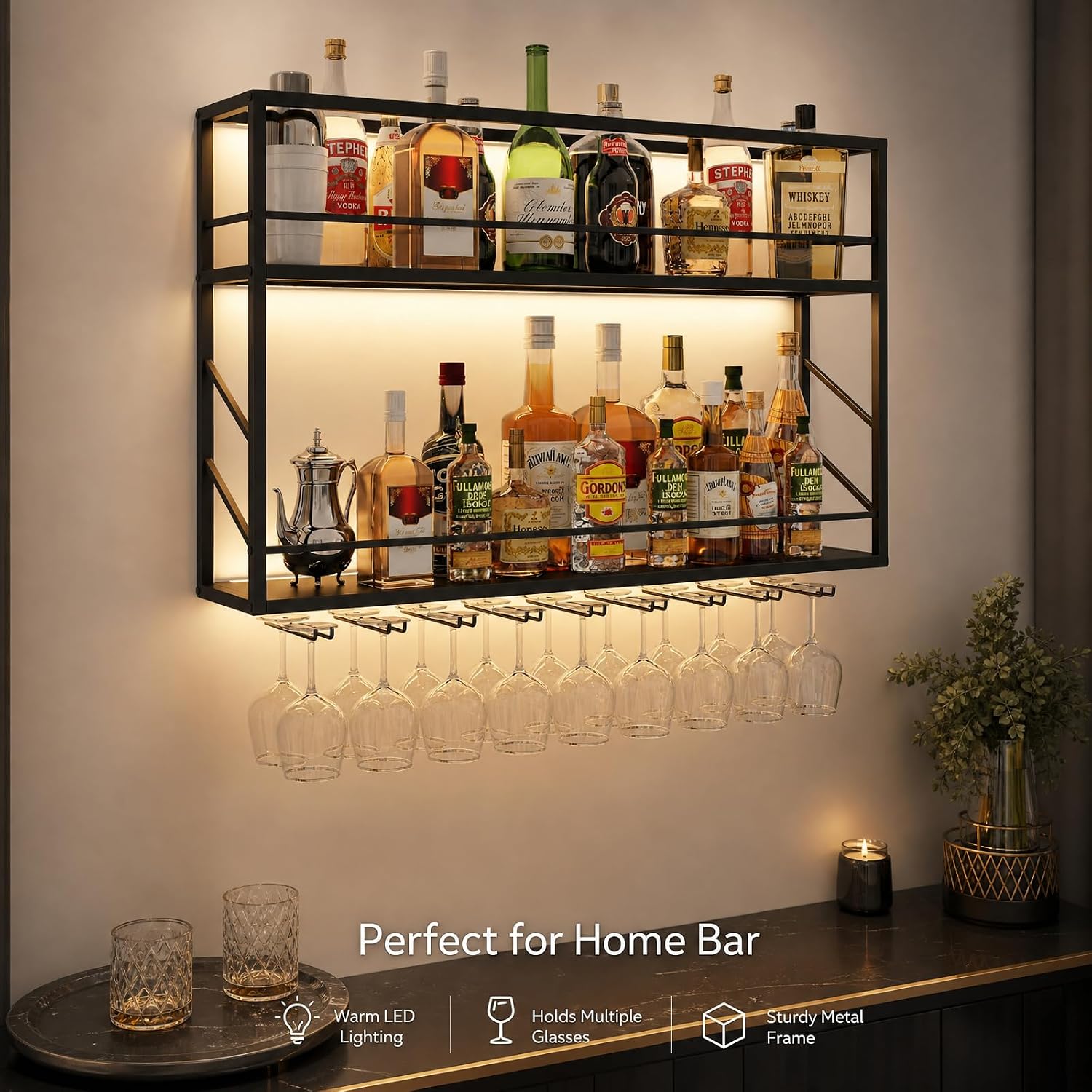 2-Tier Wall Mounted Wine Rack with LED, 31.5”W x 7.8”D x 26”H | Metal Bar Liquor Shelves and Glass Holder,Wall Bar Shelf Wine Display Storage Holder for Home Bar, Dining Room, Kitchen