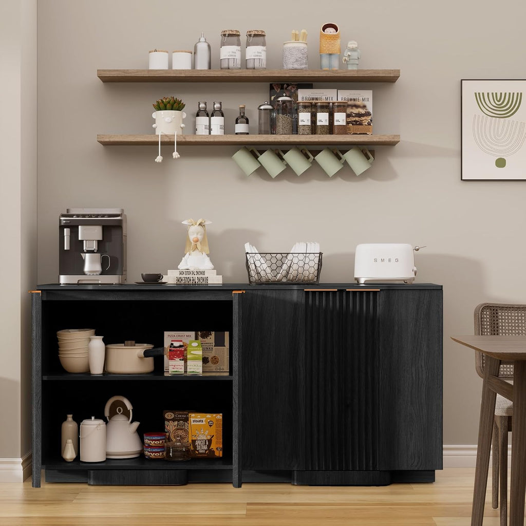 Yechen Buffet Cabinet with Storage, 55" Accent Sideboard Modern Credenza with Doors & Adjustable Shelves Fluted Media Console Wood Coffee Bar Table for Living Kitchen Dining Room Black(4 Door)