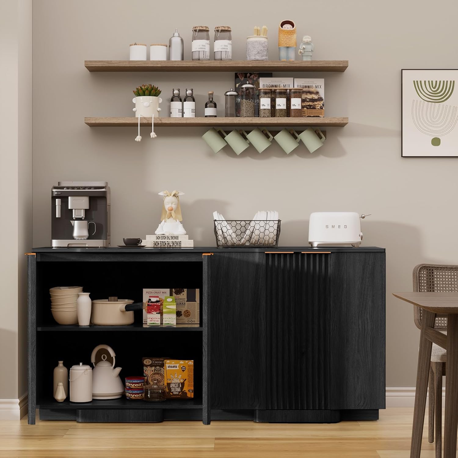 Yechen Buffet Cabinet with Storage, 55" Accent Sideboard Modern Credenza with Doors & Adjustable Shelves Fluted Media Console Wood Coffee Bar Table for Living Kitchen Dining Room Black(4 Door)