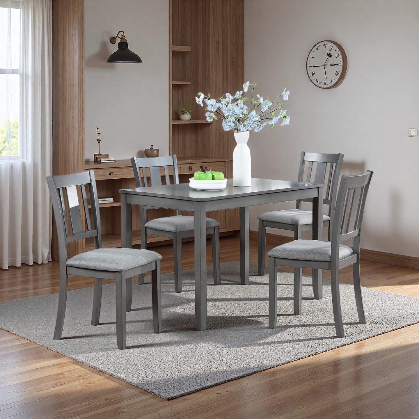 RuiSiSi 5 Piece Dining Table Set for 4, Farmhouse Kitchen Table with 4 Padded Seat Chairs, Solid Wood Dinette Set for Kitchen, Living Room, Grey