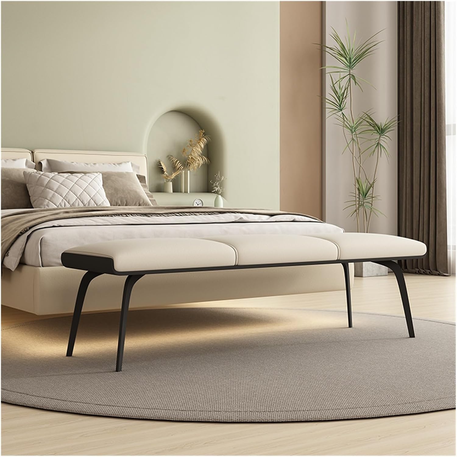 Modern Bedroom Bench Leathers, Upholstered End of Bed with Padded Seat and Metal Legs, Modern Indoor Footrest for Entryway Living Room, Bedrooms Entryway(Beige)