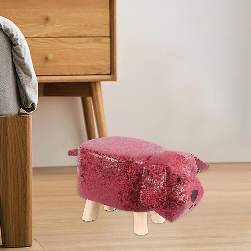 Cartoon Footstool Animal Shaped Padded Ottoman Upholstered Stool with Wooden Frame and Soft Sponge Cushion Suitable for Children Bedroom Playroom, Red