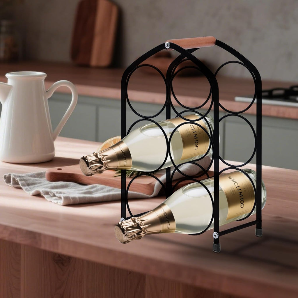 Wine Rack countertop Wine Bottle Holder Metal Wine Rack, Industrial Style Honeycomb Design 6-Bottle Wine Storage with Wooden Handle, Easy Installation,for Home Kitchen Bar/Cabinet