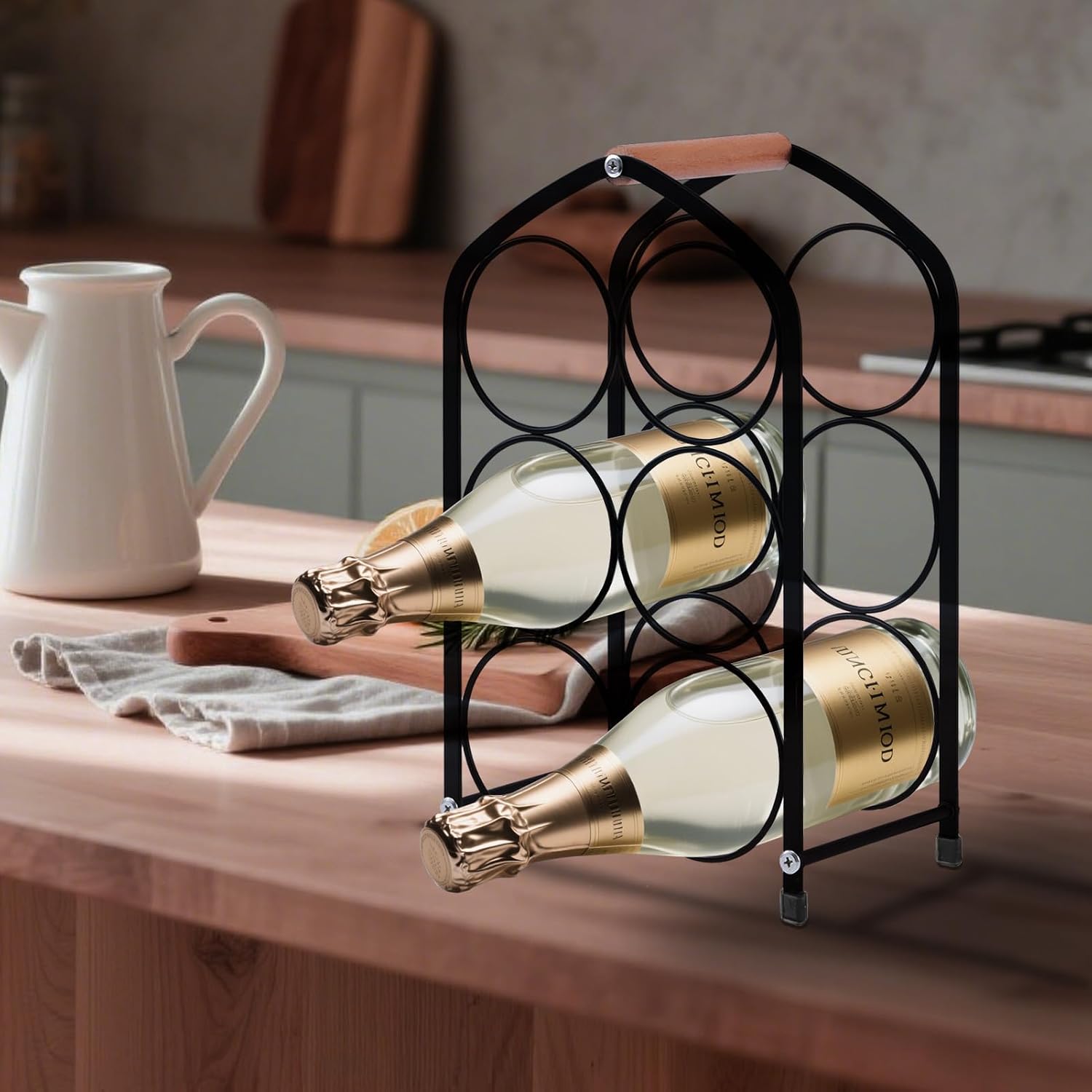 Wine Rack countertop Wine Bottle Holder Metal Wine Rack, Industrial Style Honeycomb Design 6-Bottle Wine Storage with Wooden Handle, Easy Installation,for Home Kitchen Bar/Cabinet