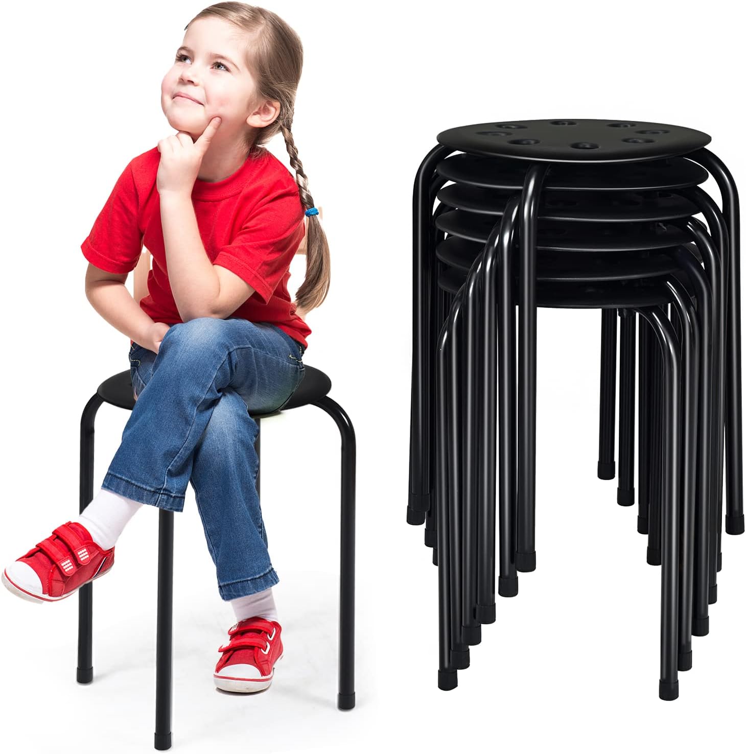 HONEY JOY 6 Pack Stackable Stool, 17.5” Kids Stacking Decoration Stool Set w/Metal Frame & Plastic Seat, Backless Round Flexible Seating for Children's Table, School, Classroom(6 Piece, Black)