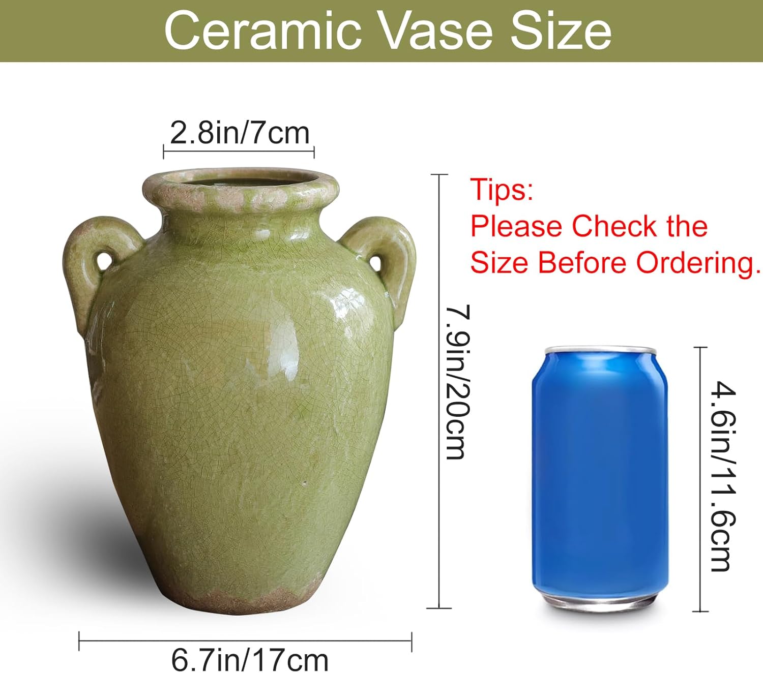 8 Inch Vintage Ceramic Vase, Rustic Chinoiserie Flower Vase Farmhouse Decorative Vases for Home Decor, Ice Cracked Glazed Terracotta Vases for Table Centerpiece Living Room Shelf Decor
