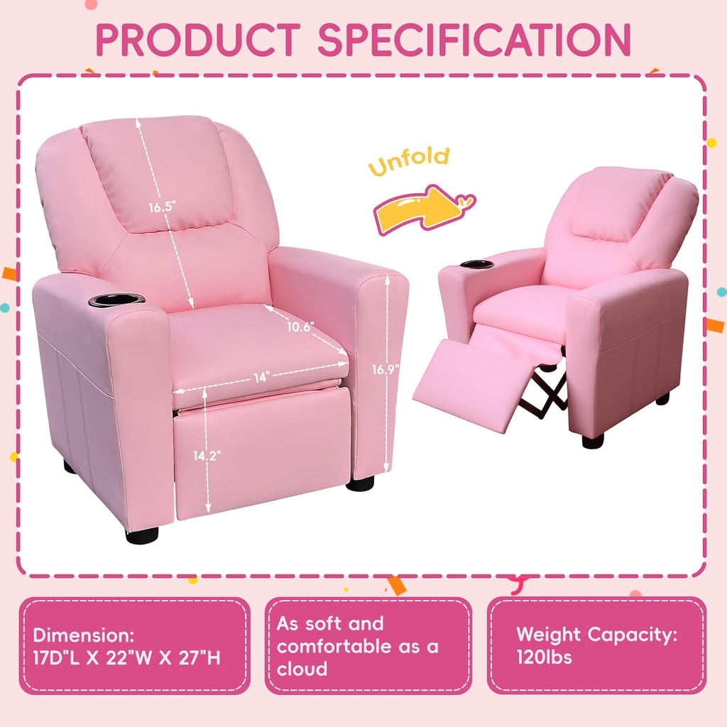 Toddler Recliner Chair for Kids Ages 1-4 – PU Leather Upholstered Kids Sofa with Cup Holder, Adjustable Backrest & Footrest, Comfortable Single Armchair for Boys & Girls Bedroom Living Room (Pink)