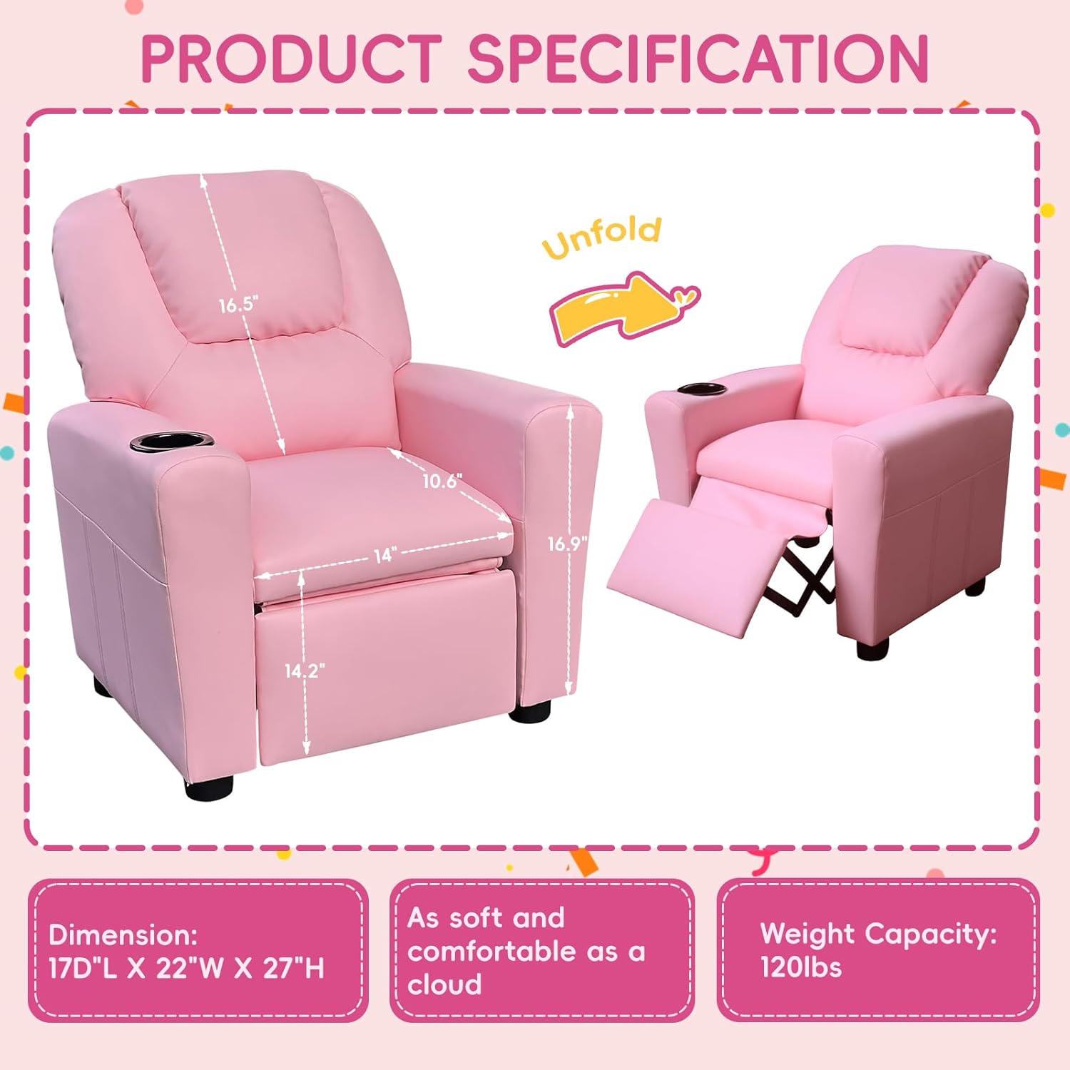 Toddler Recliner Chair for Kids Ages 1-4 – PU Leather Upholstered Kids Sofa with Cup Holder, Adjustable Backrest & Footrest, Comfortable Single Armchair for Boys & Girls Bedroom Living Room (Pink)