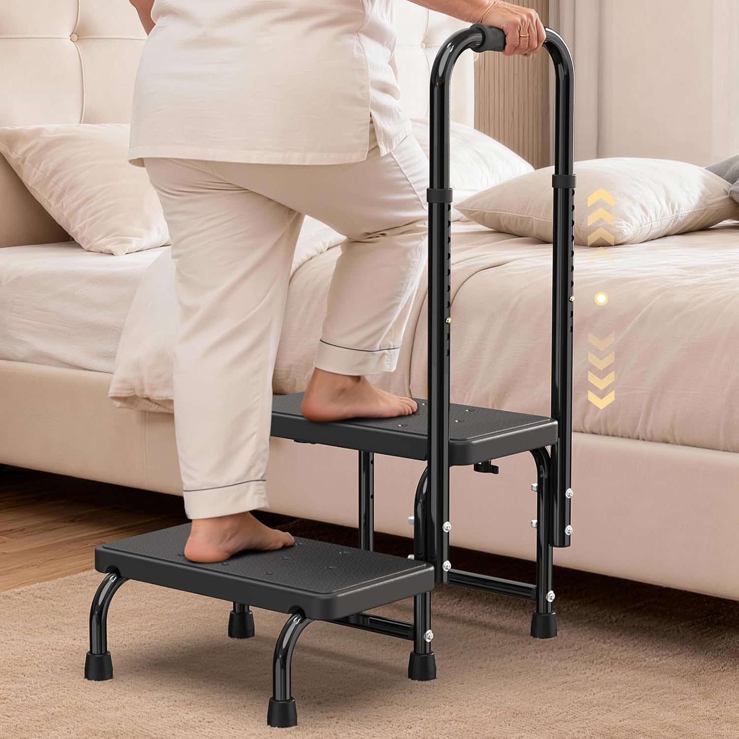 Suteck 2 Step Stool with Handle for Elderly Adults, 6-Leg Welded Bedside Step Stool for High Beds, 10-Level Adjustable Handrail, Wide Non-Slip Platform for Bathroom, Kitchen, RV, 450 lb, Black