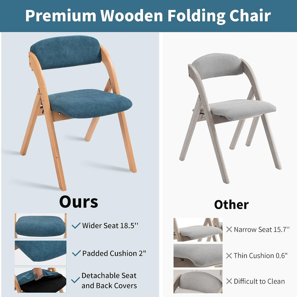 HOMEFUN Folding Chairs with Cushion Padded Foldable Chiars 4 Pack - Wooden Dining Seat with Removable Cover Extra for Guests Kitchen Office Wedding Party Picnic, Smog Blue