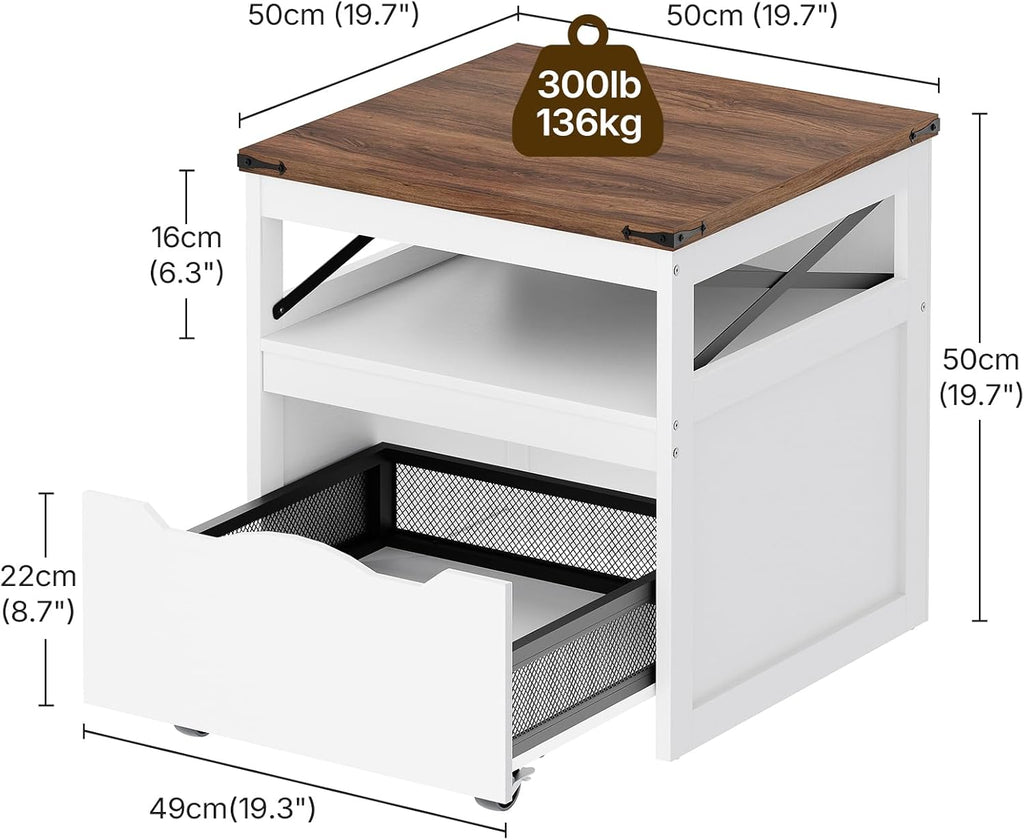 YATINEY Mini Fridge Stand with Storage, Refrigerator Stand with Mobile Drawer, Mini Fridge Cabinet for Heavy Microwave Stand, Mini Fridge Cart for Dorm, Bedroom, Kitchen,White and Walnut HB50WH